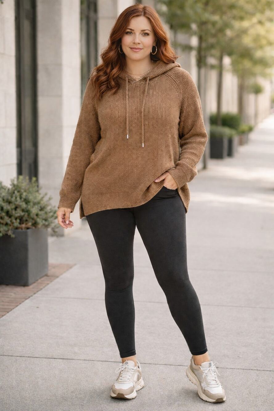 Cyrus Ribbed Knit Hooded Sweater Heavyweight High-Low Hem Cozy Soft Sz: L